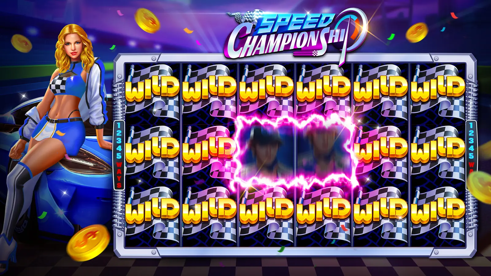 A Speed Championship nyerőgép kockás zászlót idéző WILD mezőkkel és egy női autóversenyzővel.