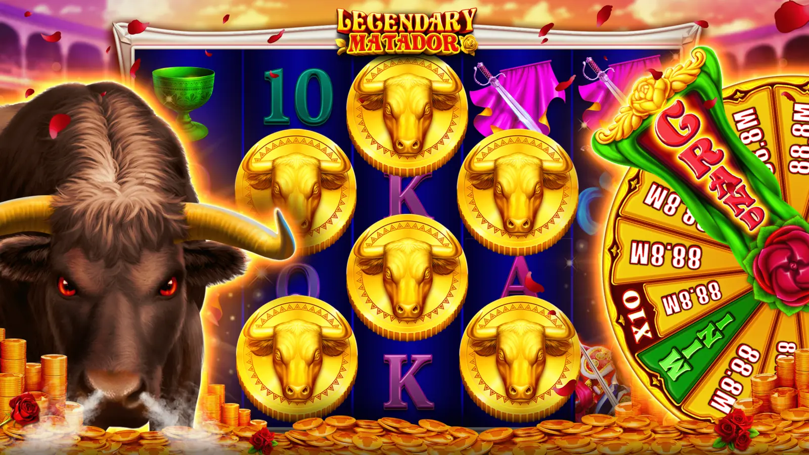 Legendary Matador nyerőgép bikával, arany szimbólumokkal és színes kerékkel