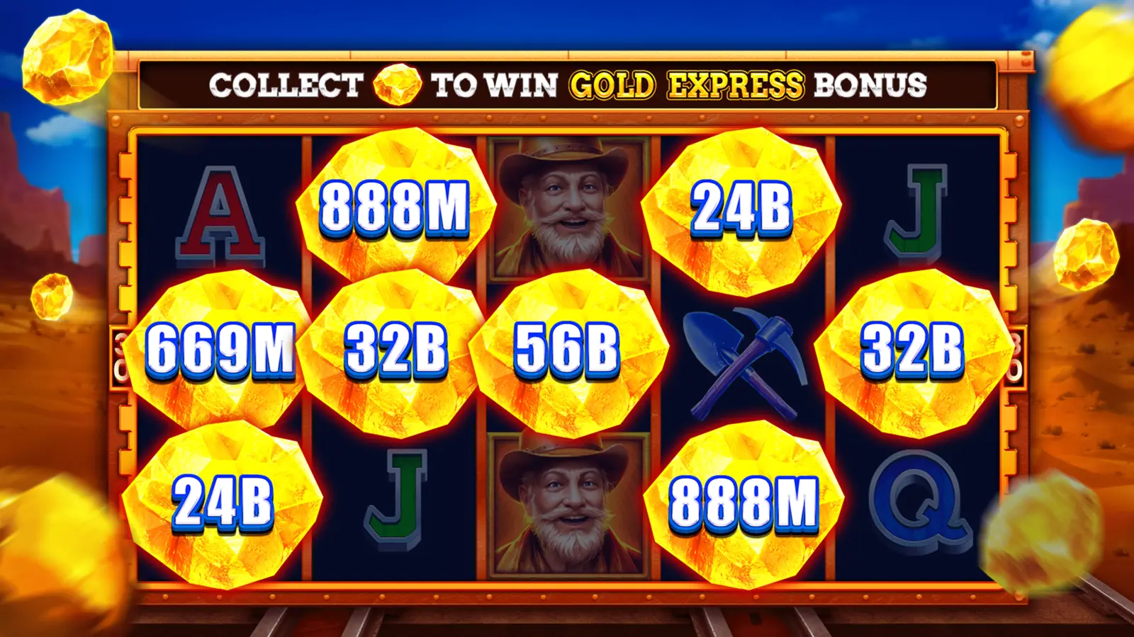 Gold Express bónuszképernyő számozott virtuális aranyrögökkel